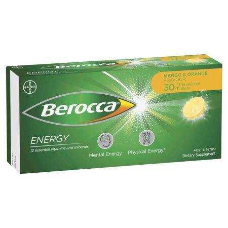 Berocca Energy Vitamin B and C Mango and Orange Flavour Effervescent Tablets Pack of 30