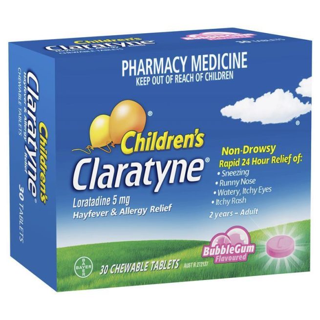 Children's Claratyne Allergy and Hayfever Relief Antihistamine for Kids Bubblegum Flavoured Chewable Tablets Pack of 30
