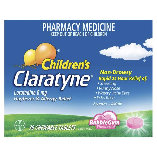 Children's Claratyne Allergy and Hayfever Relief Antihistamine for Kids Bubblegum Flavoured Chewable Tablets Pack of 30