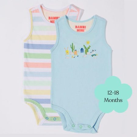 Bambi Mini Co. Supersinglet Bodysuit 12-18 Months Crystal Blue and Stripes Pack of 2