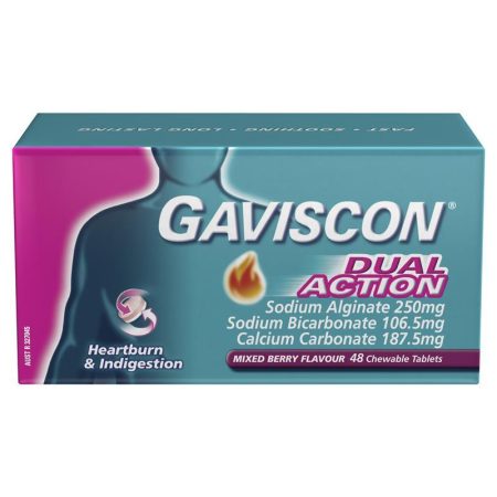 Gaviscon Dual Action Chewable Tablets Heartburn and Indigestion Relief Mixed Berry Pack of 48