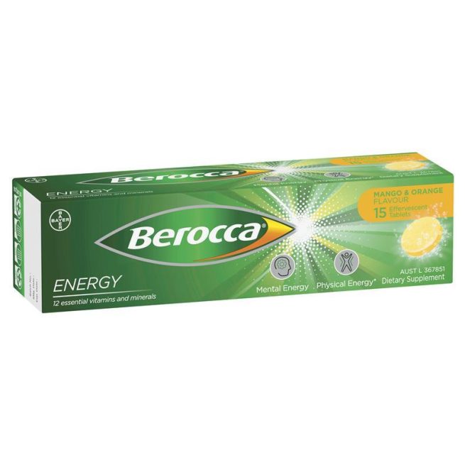 Berocca Energy Vitamin B and C Mango and Orange Flavour Effervescent Tablets Pack of 15