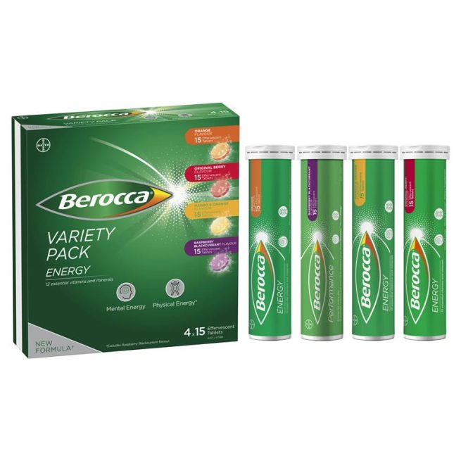 Berocca Energy Vitamin B and C Effervescent Tablets 4 x 15 Variety Pack Exclusive Size