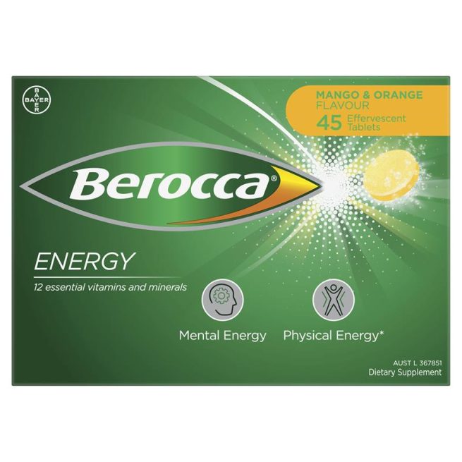 Berocca Energy Vitamin B and C Mango and Orange Flavour Effervescent Tablets Pack of 45