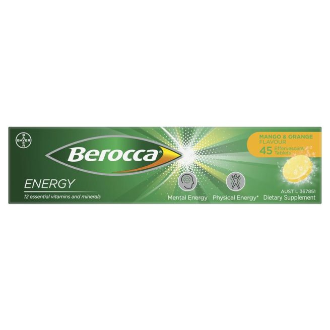 Berocca Energy Vitamin B and C Mango and Orange Flavour Effervescent Tablets Pack of 45