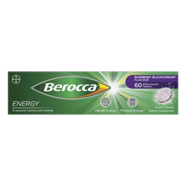 Berocca Energy Vitamin B and C Raspberry Blackcurrant Flavour Effervescent Tablets 60 Pack Exclusive Size