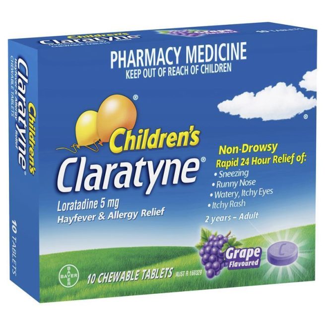 Children's Claratyne Allergy and Hayfever Relief Antihistamine for Kids Grape Flavoured Chewable Tablets Pack of 10