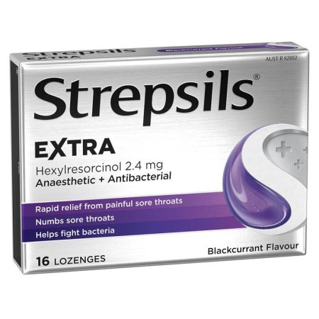 Strepsils Extra Blackcurrant Sore Throat Pain Relief with Anaesthetic Lozenges Pack of 16