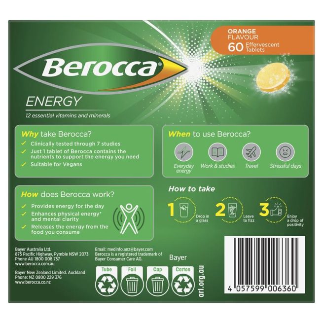 Berocca Energy Vitamin B and C Orange Flavour Effervescent Tablets 60 Pack Exclusive Size