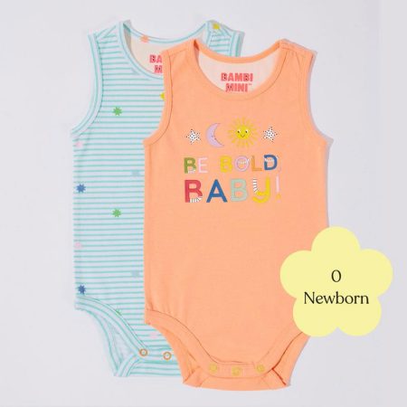 Bambi Mini Co. Supersinglet Bodysuit 0 Newborn Salmon and Beach Glass stripes Pack of 2
