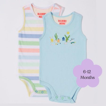 Bambi Mini Co. Supersinglet Bodysuit 6-12 Months Crystal Blue and Stripes Pack of 2