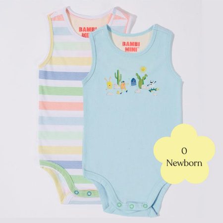 Bambi Mini Co. Supersinglet Bodysuit 0 Newborn Crystal Blue and Stripes Pack of 2