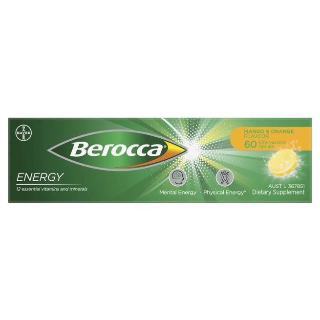 Berocca Energy Vitamin B and C Mango and Orange Flavour Effervescent Tablets 60 Pack Exclusive Size