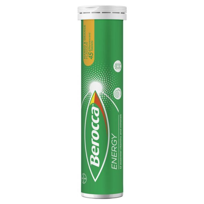 Berocca Energy Vitamin B and C Mango and Orange Flavour Effervescent Tablets 60 Pack Exclusive Size