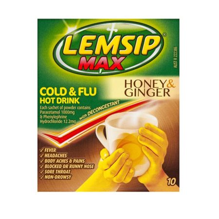 Lemsip Max Cold and Flu Hot Drink with Decongestant Honey and Ginger 10 Sachets
