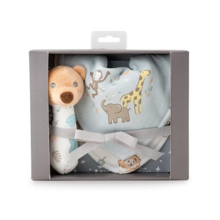 The Little Linen Company Rattle and Baby Bib Gift Set Safari Bear