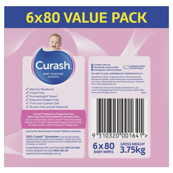 Curash Babycare Fragrance Free Wipes 6 x 80